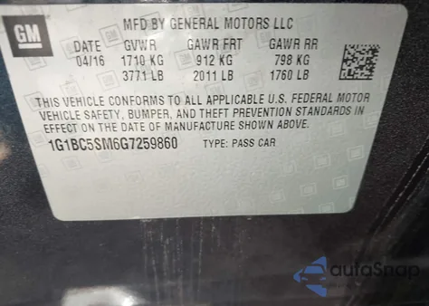 2016 Chevrolet Cruze Ls Auto z USA, uszkodzony, nr VIN 1G1BC5SM6G7259860